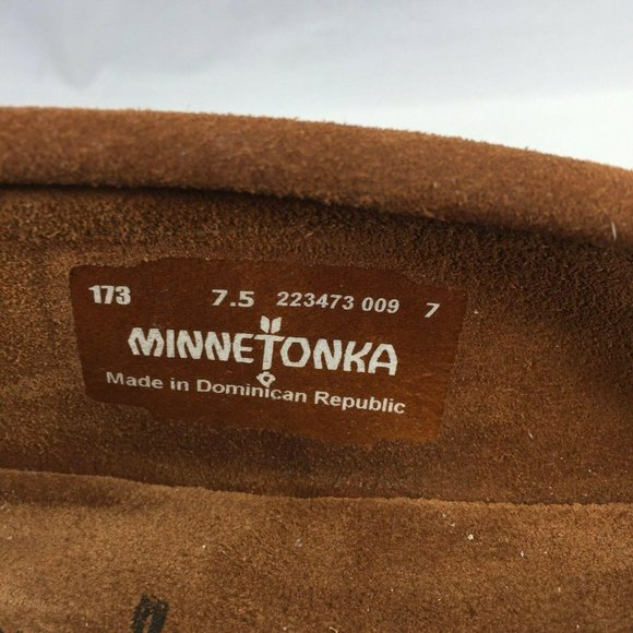 Minnetonka Leather Flats Moccasins Women 7.5 Beaded Brown Slip On Stitched Shoes - Picture 5 of 12